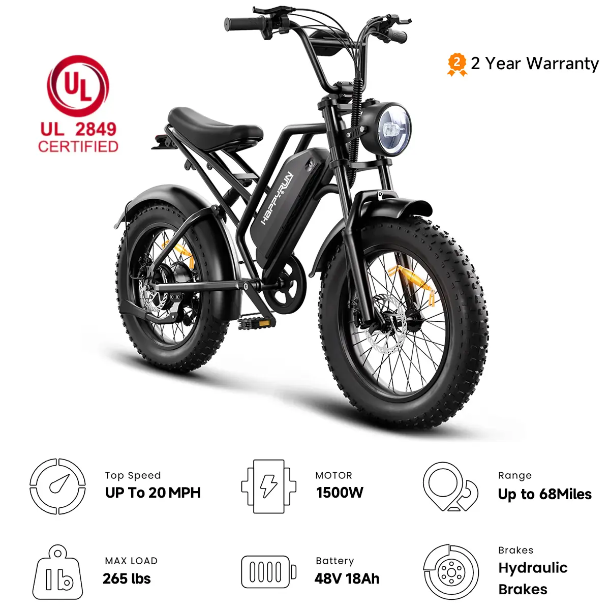 HAPPYRUN G50 UL Electric Bike , 1500W Motor E-Bike for Adults，48V 18Ah Removable Battery, Up To 68 Miles Range, UL 2849 Certified Electric Bicycle With Hydraulic Brakes, 2 Year Warranty