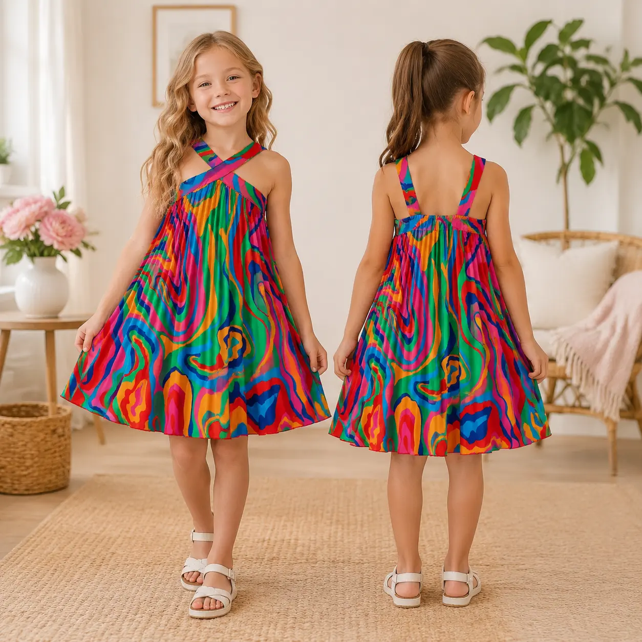 Little Girls Colorful Printed Pleated Dress Summer Sleeveless Criss Cross Back A Line Swing Dress Rainbow Graphic Casual Beach Vacation Party Sundress for Toddler Kids Girls 4-5 5-6 6-7 Years
