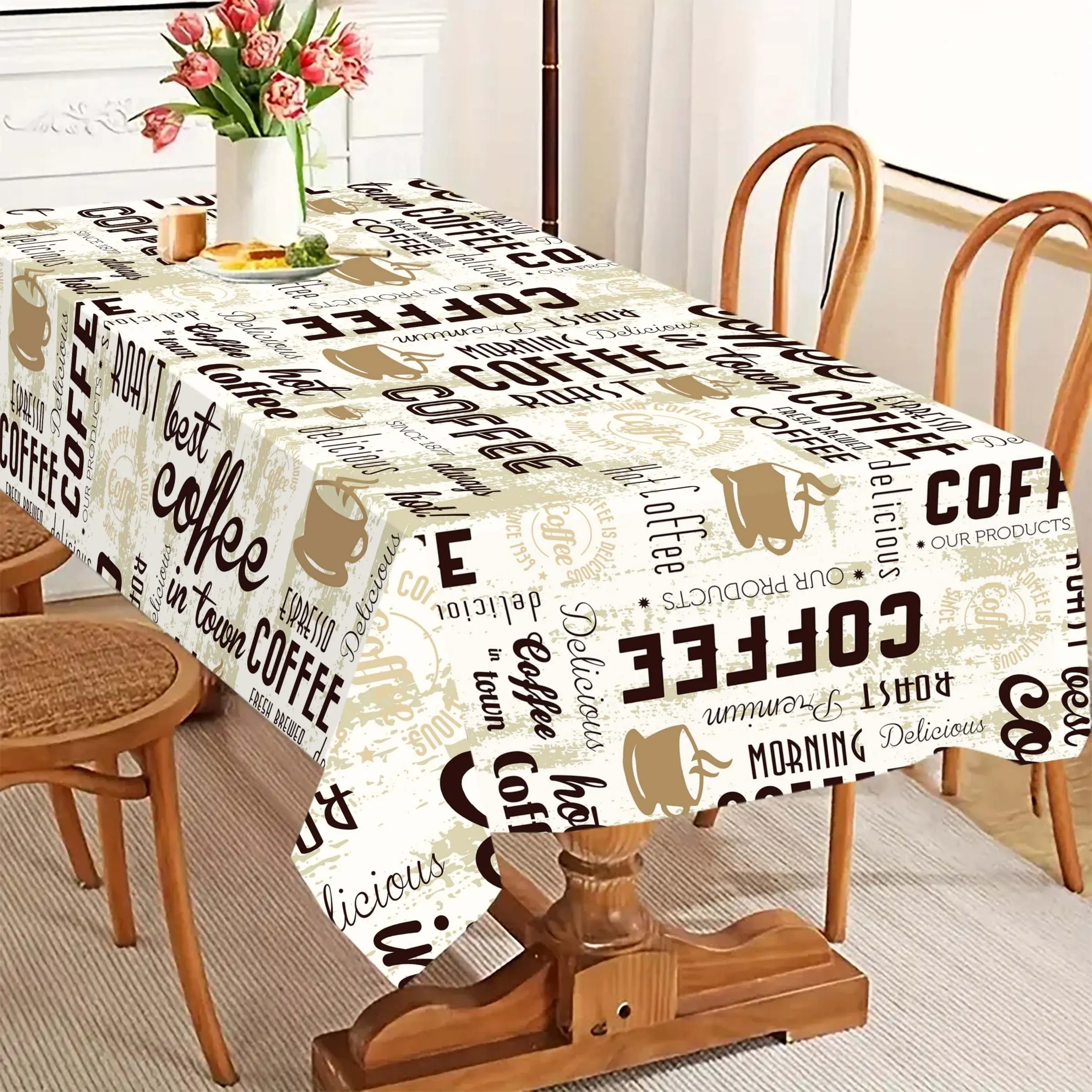 Coffee Themed Tablecloth, Rectangular Tablecloth, Decorative Tablecloth for Home Kitchen Dining Room, Table Decoration Supplies for Wedding Party