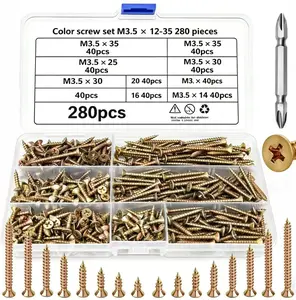 280pcs M3.5 Wood Screws Assortment Kit,  Flat Head Self Tapping Screws, 12-35mm Length, Golden Color, with Screwdriver Bit, for Woodworking, Furniture Repair