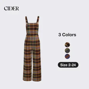 Cider [3 colors, size 2-24] Tweed Plaid Button Up Wide Leg Jumpsuit