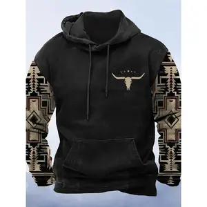 Western Hoodies For Men's 3D Print Vintage Graphic Cowboy Hooded Shirt Aztec Long Sleeve Drawstring Sweatshrits With Pocket