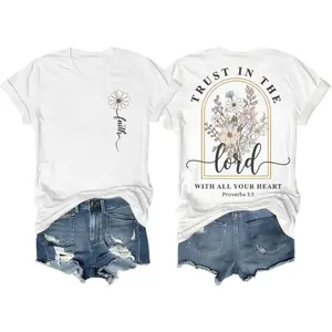 Womens Cotton Short Sleeve Graphic Tee Faith Floral Daisy Front And Trust In The Lord With All Your Heart Back Christian Scripture Casual Summer Shirt