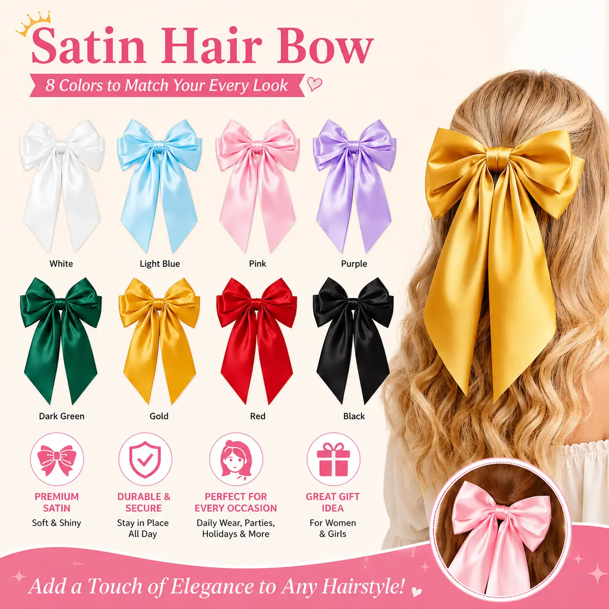 Big Bows Hair Clips for Women, French Barrette with Long Silky Satin Ribbon, Ribbon Bow Hair Clips with Long Tails (8PCS) Pink Bow Messy Bun