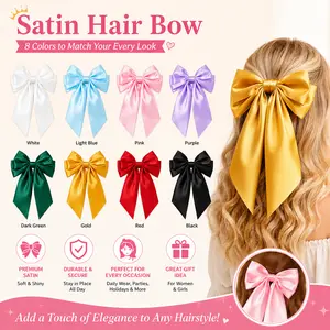 Big Bows Hair Clips for Women, French Barrette with Long Silky Satin Ribbon, Ribbon Bow Hair Clips with Long Tails (8PCS)