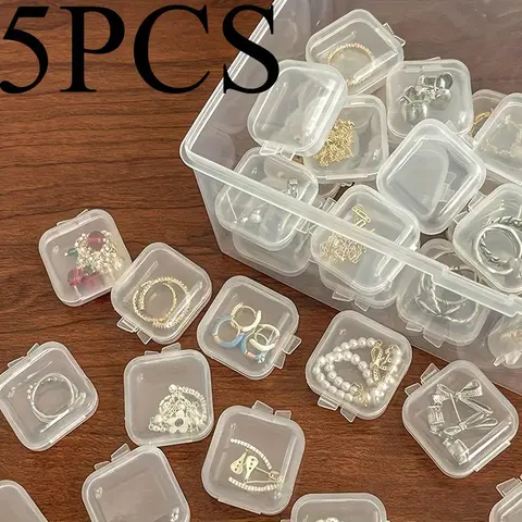 Clear Jewelry Storage Box, 5 Counts Mini Square Jewelry Organizer with Lid, Traveling Essentials Jewelry Storage Box for Beads, Earrings, Pills, Crafts and Sewing Supplies