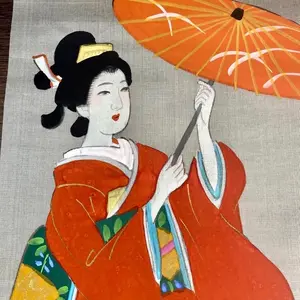 Vintage Geisha Girl Scrolls Japan Hand Painted Set Of 4 .