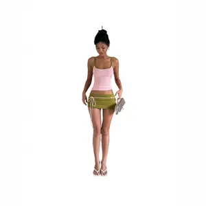 2 Piece Y2K Outfit Color Contrast Trim Cami Tank Top + Low Waist Lace Up Mini Skirt Slim Fitted Bodycon Going Out Summer Casual Matching Set