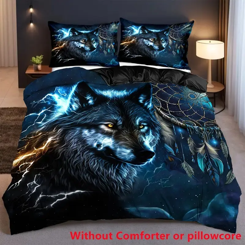 3pcs 3D Wolf Animal Dreamcatcher Print Duvet Cover Set, Soft Comfortable Bedding, 1 Duvet Cover + 1/2 Pillowcases, Home Decor, Decorative Duvet Cover, Bed Sets Supplies