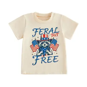 Toddler Baby Boy Girl 4th Of July Outfit American Flag Short Sleeve Shirt Feral But Free Racoon Print Independence Day Clothes