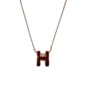 Pre-owned Hermes Pop H Necklace Rose Gold Plated Chain/Red H HMN14