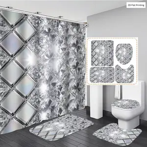 1/3/4PCS Glamorous Diamond like Tiles with Shiny Style Shower Curtain Set with Rugs, Non Slip Bath Mat, U-Shape Carpet, Toilet Lid Cover, Polyester Fabric Bathtub Curtain Accessories, 12 Hooks, Home Bathroom Festival Decor
