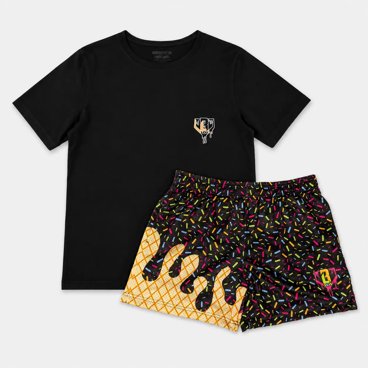 Baseball Lifestyle 101 Ice Cream Midnight Sundae Youth Tee & Shorts Set, Matching Baseball Streetwear Outfit, Game Day Wear