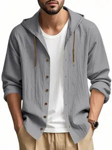 Hooded Linen Long Sleeve Shirt Jacket, Hawaiian Style Casual Loose Fit, Drawstring & Button Design, Spring & Fall Fashion, Beach Vacation Essential