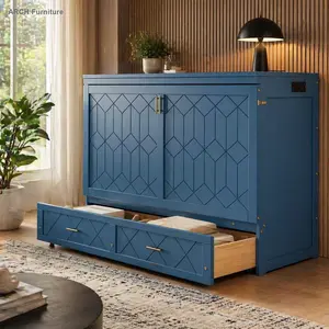 Queen Size ARCH Murphy Wall Bed - Navy Blue, with Drawer, Socket-and-USB-Port Set, Indoor Furniture, Bedroom Decor, Home Accessories