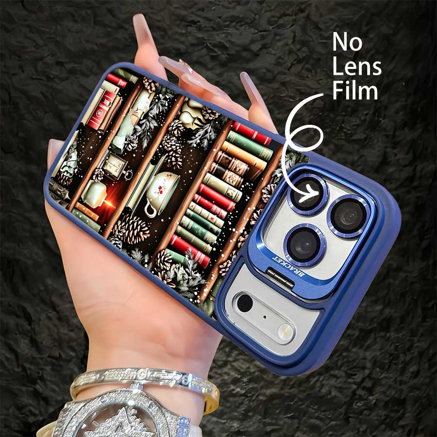 TPU Shockproof Transparent Phone Case with Orange Lens Bracket, Vintage Christmas Bookshelf-Books-Teacup-Candle Print, Fashion Versatile Protective Cover for Multiple iPhones (17 Pro Max,16,16 Plus,15,14,13,12), Ideal Holiday Gift