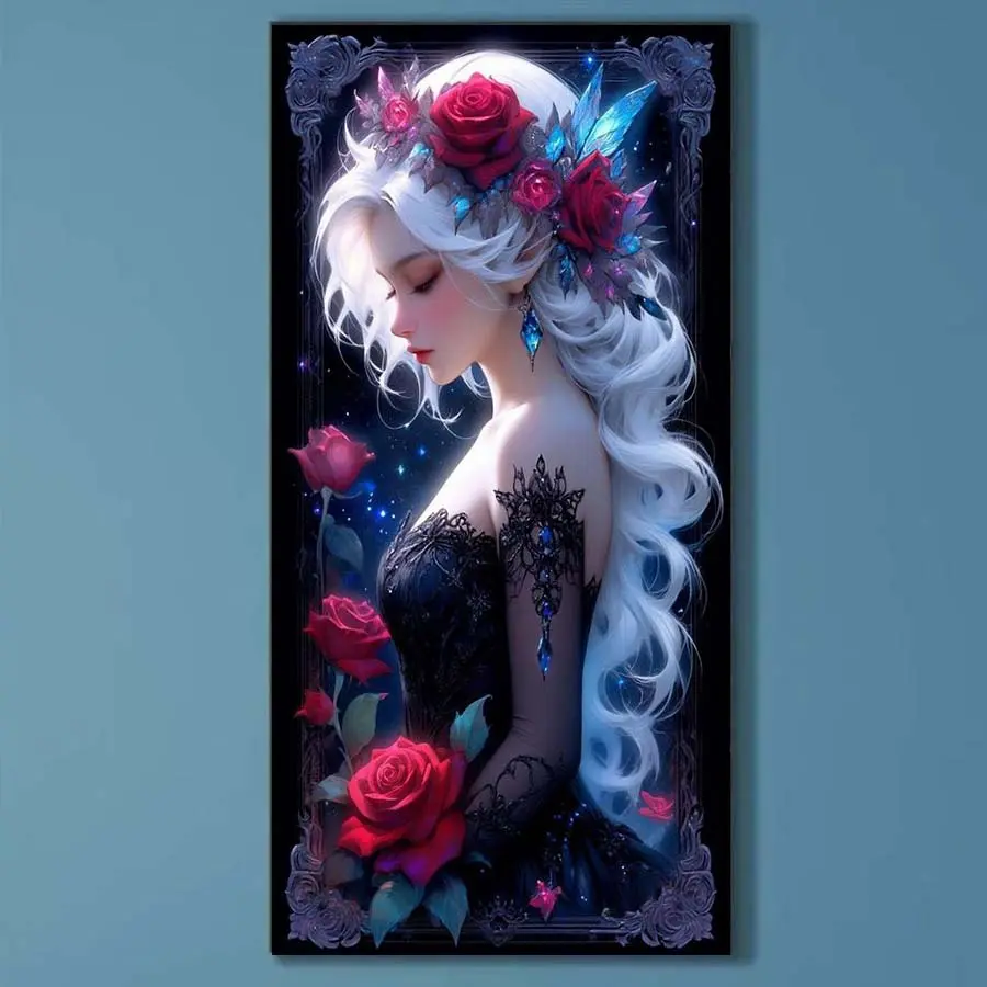 5D DIY Full Drill Round Diamond Painting - Diamond Pattern Design, Diamond Art Kit Rose Wreath, White Long Hair, Black Dress. Mosaic, Canvas - DIY Decorative Painting, Home Wall Decor, Suitable for Halloween and Christmas, Birthday and Anniversary Gifts.