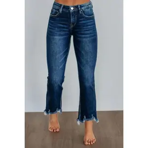 Women's Lady High-Waist Flare Cropped Denim Pants - Dark Wash, Butt-Lifting, Frayed Hem, Stretchy, Slimming Everyday Pieces for Casual Daily Wear