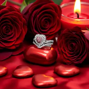 King of Bling's 1.66 CT Women's 925 Silver White VVS 'D' Pink Moissanite Heart Bridal Ring SZ 7