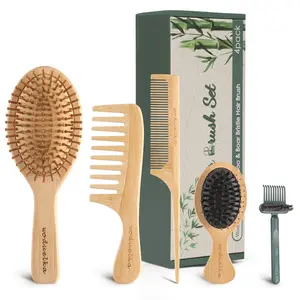 Bamboo Hair Brush Set – Mother’s Day Gift, Bamboo Comb Set for Hair Growth, Paddle Detangling Hairbrush, Wide Tooth & Tail Tooth Comb and Mini Boar Bristle Travel Hairbrush, Brush Cleaner Included