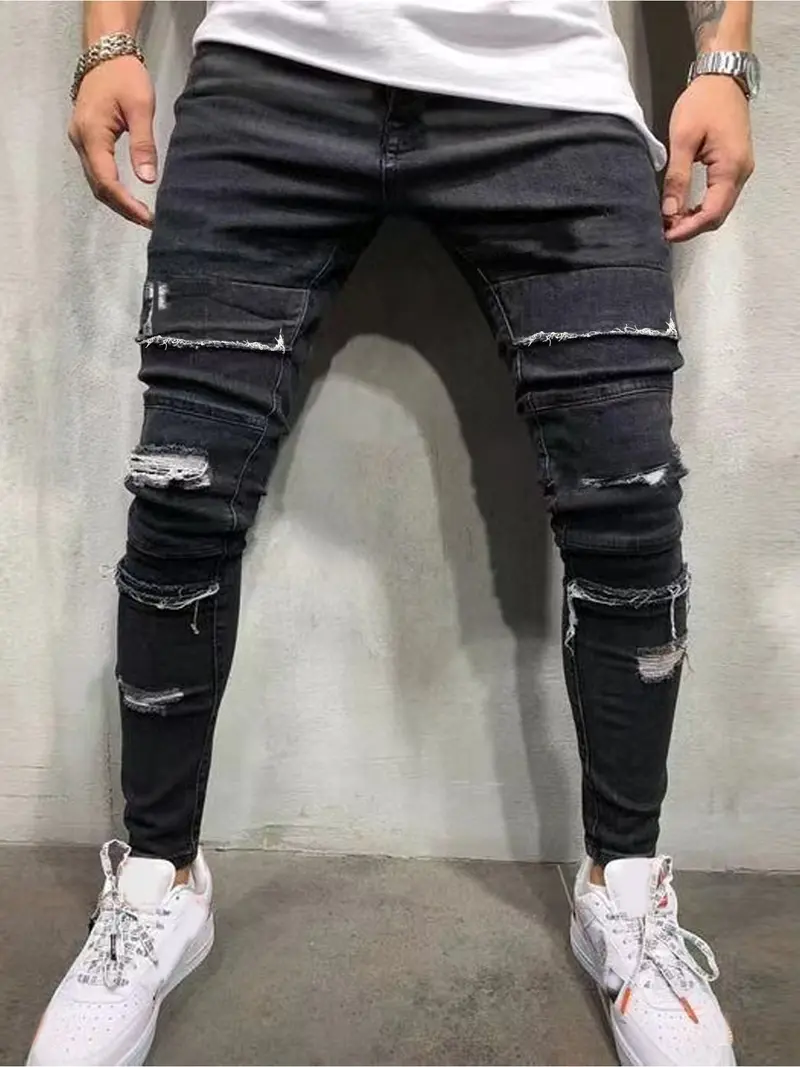 Men's Black Slim Fit Ripped Jeans - Distressed Denim Pants with Holes, Trendy Streetwear & Versatile Styling  Fashion