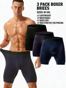 Men's Ice Silk Long Sports Briefs Set of 3, High Stretch Breathable Leggings, Anti-Chafe Dual Layer Mesh Pouch, Sporty Style for All Seasons