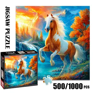 1pc 1000 piece adult puzzle 58x58cm Horse in Scenic Mountainous Landscape with Waterfall and Trees 500 pieces of paper puzzle, suitable for adults and families, large-scale DIY puzzle interactive to