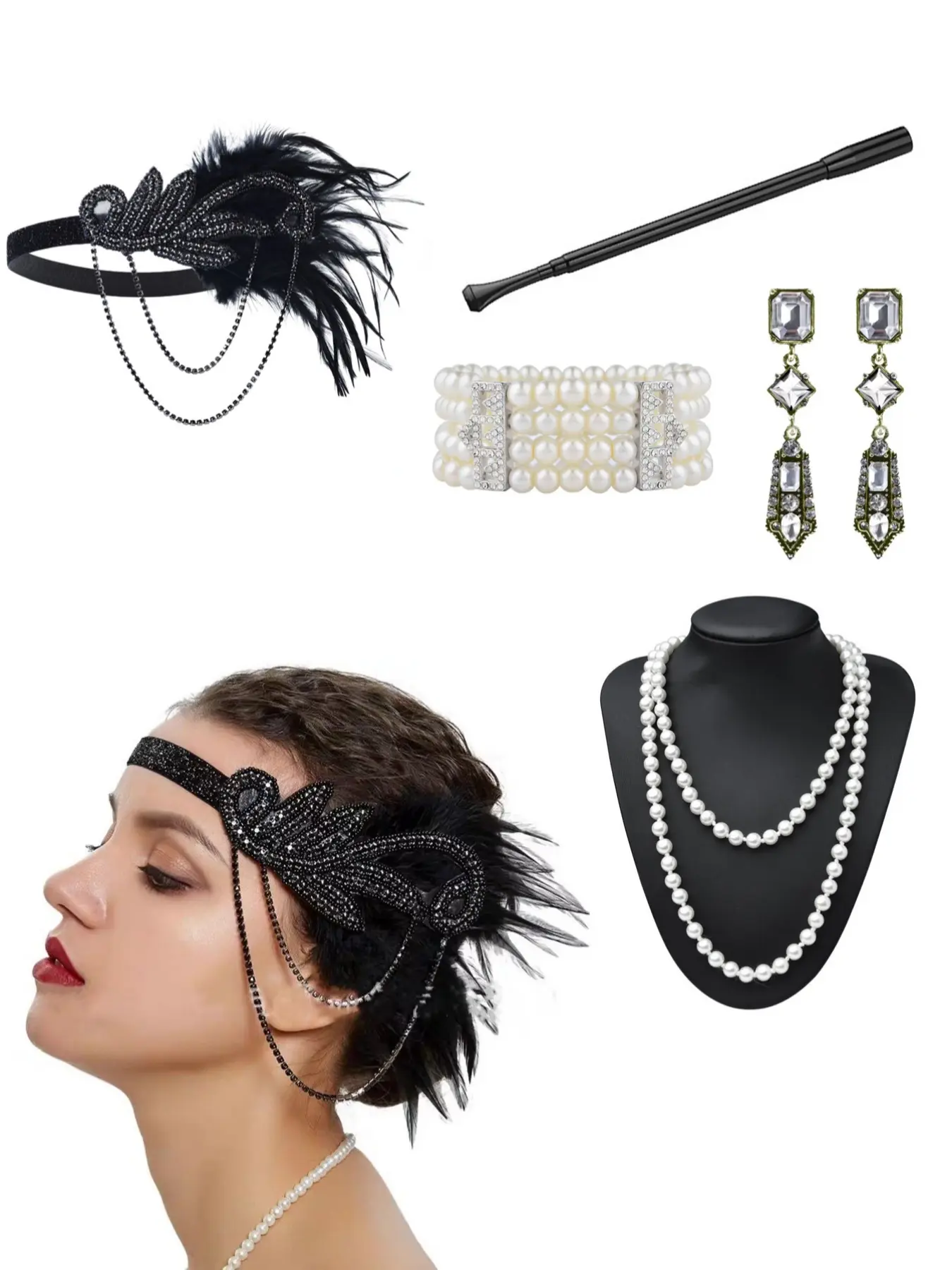 Vintage Feather Headband Set, Stage Performance Accessories, Bride 1920s Dance Party, Rhinestone Hair Band, Necklace, Earrings, Gloves, Jewelry Set, Vintage Headpiece