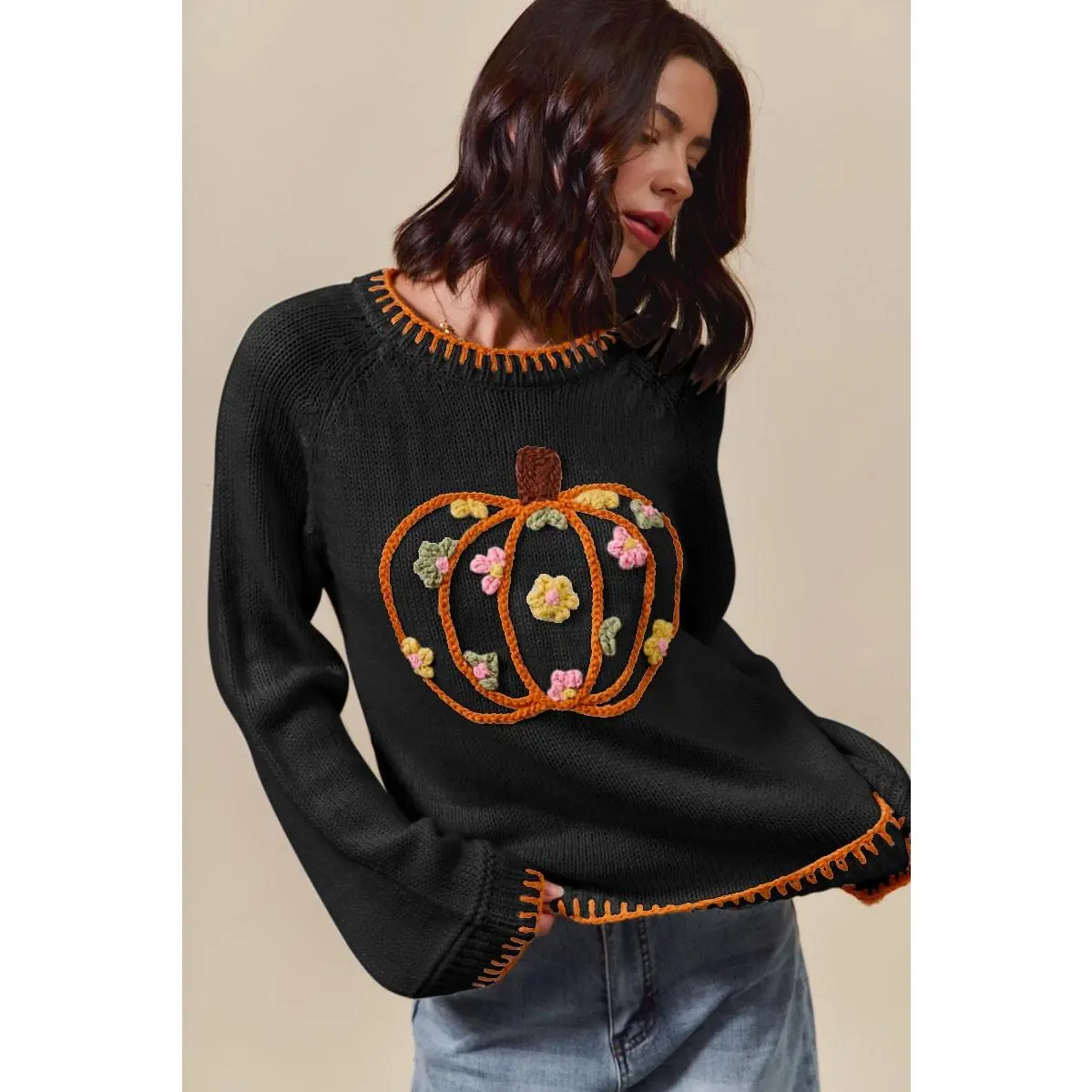 SO ME Pumpkin Floral Embroidered Thanksgiving Sweater