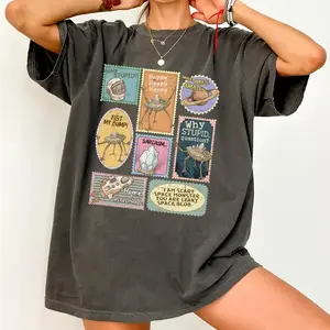 Cotton tee shirt alien patch shirts Space Humor Stamp T-Shirt, Retro Sci Fi Graphic Tee, Funny Alien Shirt, Sarcastic Space Quotes Tee, Vintage Postage Patch Style Shirt, Gift