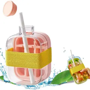 Portable Ice Cube Mold Bottle with Lid and Trash Bin, Touchless No Spill Press Easy Release, Ice Cup Container with Straw