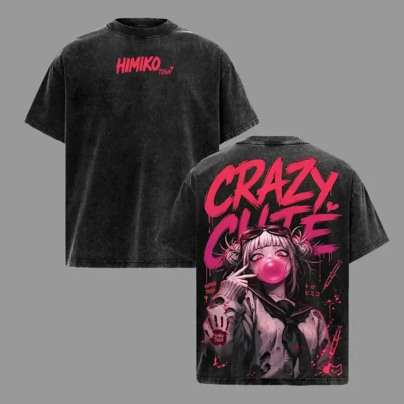 Unisex Vintage Acid Wash T-shirt Front Hot Pink Brush Script "HIMIKO TOGA" Heart Accent Text Print Back Large Gradient Pink "CRAZY CUTE" Lettering Bubble Gum Syringe Blood Handprint Himiko Toga Villain Graphic Dark Anime Streetwear