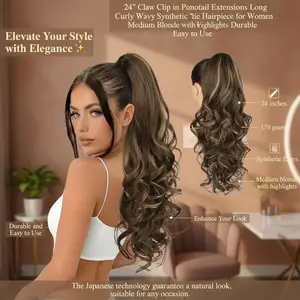 24" Claw Clip in Ponytail Extensions Long Curly Wavy Synthetic Hairpiece for Women Medium Blonde with Highlights Durable Easy to Use 170 grams pony tail jaw