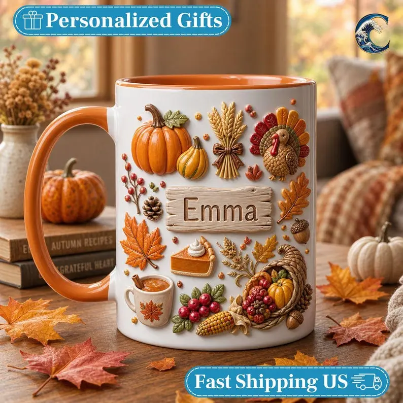 Autumn Harvest 11oz and 15oz Ceramic Coffee Mug, Personalized Turkey and Pumpkin Drinkware, Cute Thanksgiving Aesthetic Cup