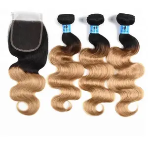 KelcesUniqueHair 1b/27 Human Hair Bundles & Closure Set - 3 Bundles (10-30 Inches)