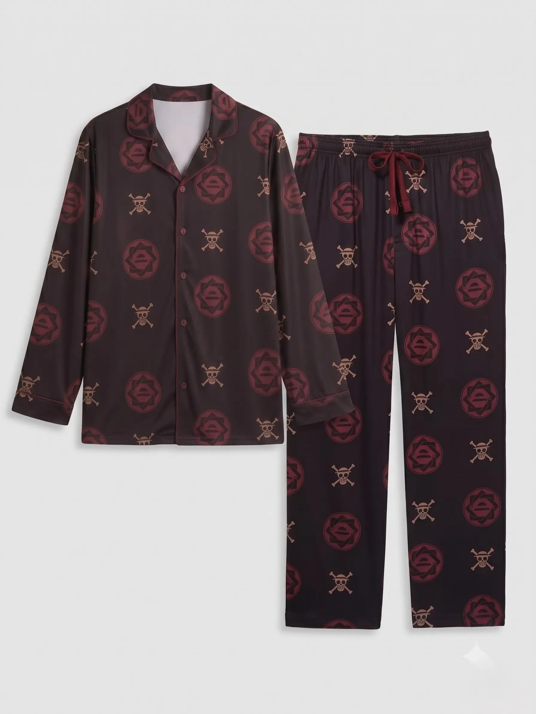 Dark Pirate Raw Hat Jolly Roger Pajama Set, Skull Graphic Long Sleeve Button Down PJs, Burgundy Anime Inspired Sleepwear, Alternative Loungewear