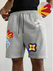 Men's Y2K Floral Casual Shorts, Elastic Waist Drawstring Loose Fit, Cute Cartoon Flower Design, Suitable For Summer Daily Wear And Street Fashion