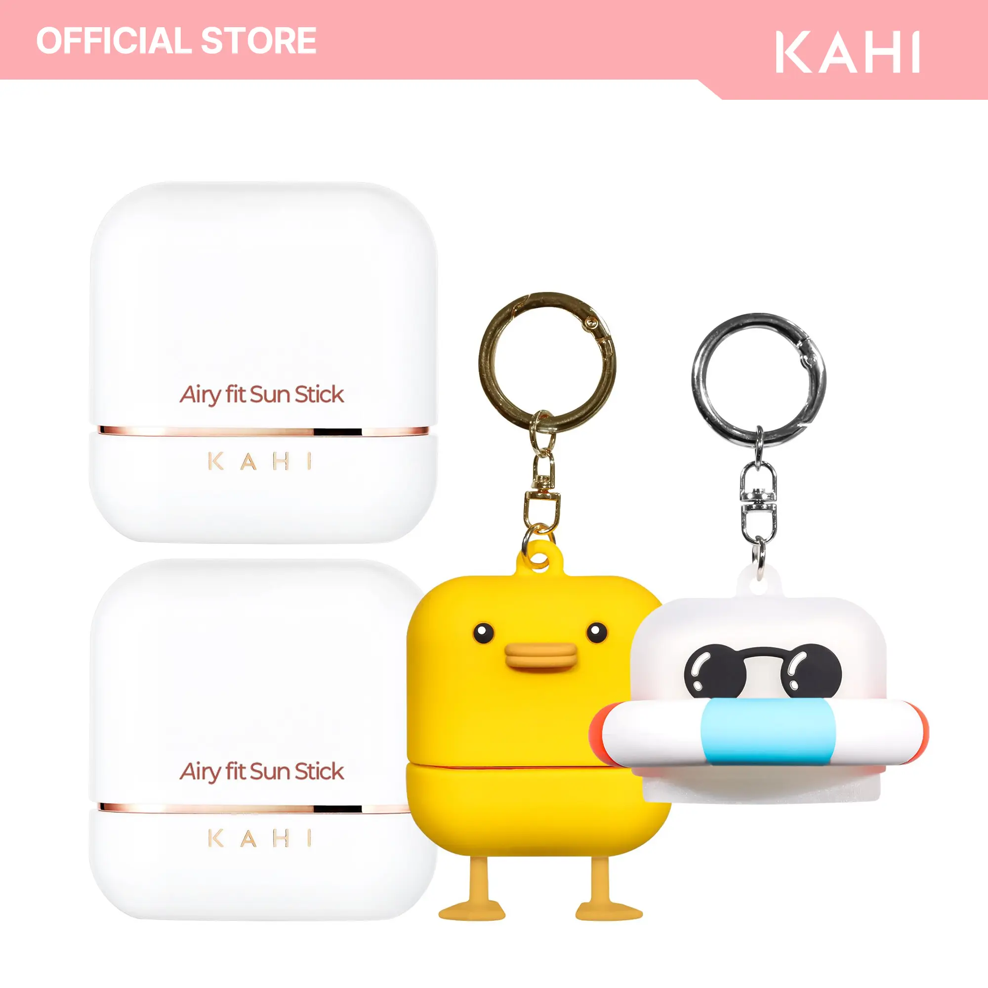 KAHI Sun Stick (2EA) + Keyring (Duck, Tube) - Airy Fit Sun Stick SPF 50+ Official Product Triple Functional Broad Spectrum Face Sunscreen Stick - Waterproof, Sweatproof & Sandproof - Ultra-Lightweight & Non-Greasy Sun Shield - Korean Skin Care 0.49 oz