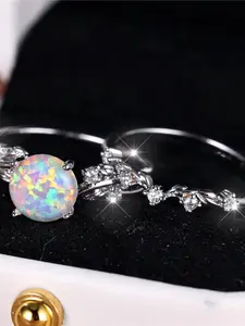 Cute Female White Fire Synthetic Opal Round Leaf Engagement Ring Set Cute Silver Color Wedding Jewelry For Women Trendy Jewellery Accessories
