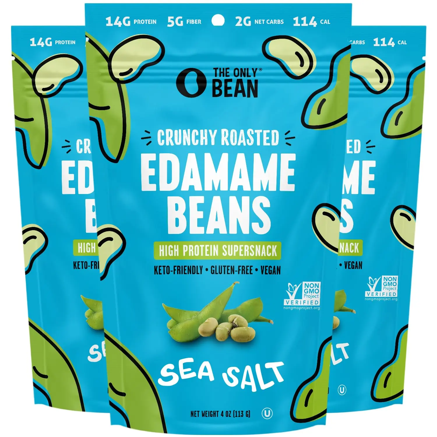 Crunchy Roasted Edamame Beans (Sea Salt) - Keto Snacks (2g Net) - High Protein Healthy Snacks (14g Protein) - Low Carb & Calorie, Gluten-Free Snack, Vegan Food - 4 oz (3 Pack)