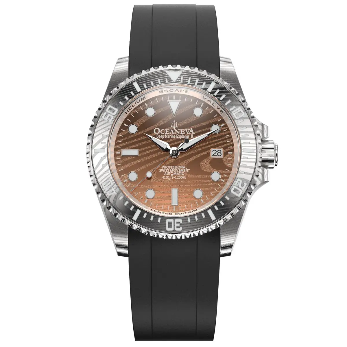 Oceaneva Men's Deep Marine Explorer II - 1250M Swiss Dive Watch with Rose Gold Damascus Steel Dial & FKM Rubber Band