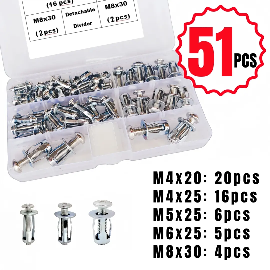 "51-PCS Heavy-Duty Metal Expansion Anchor Bolt & Nut Assortment Kit" M4-M8 Multi-Size Combo Flared Head Design for Easy & Secure Installation Perfect for License Plates, Hollow Walls, Signage Mounting, Furniture Assembly & Door/Window Fixing