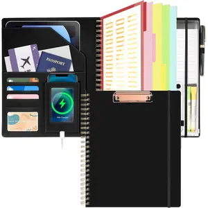 Clipboard with Storage Spiral Clipboard Folio for Letter Size,Organizer Folder with Zipper Pouch and 5 Dividers,Leather Portfolio for Office, School Black