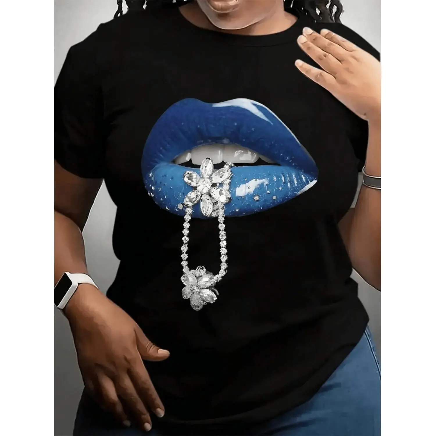 Women's Black Cotton T-Shirt Featuring Blue Lips and Diamond-Studded Chain Print Casual Crew Neck Short Sleeve Micro Stretch Fabric Ideal for Summer Wear Blouse