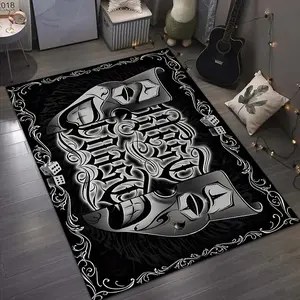 Gothic Comedy Tragedy Mask Printed Carpet Skull and Snake Gothic Area Rug for Living Room Bedroom Home Decor Soft Floor Mat Stylish Black Carpet with Intricate Dark Art Design Indoor Use Punk Rock Style