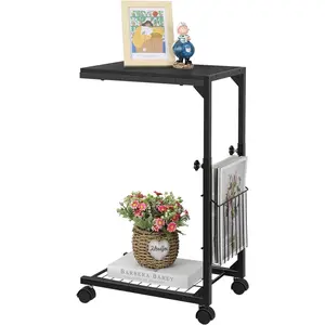 C Shaped Side Table Adjustable End Table with Wheels for Small Spaces Couch Table with Storage for Sofa Living Room Bedroom Black