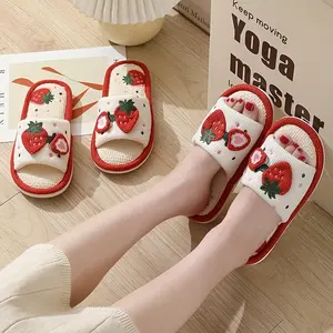 Adorable Strawberry Print Linen Slippers - Open Toe, Breathable Soft Sole, Lightweight & Anti-Slip - Perfect Summer Flat Shoes for Indoor Comfort