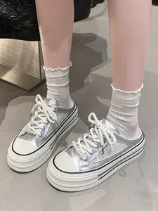 Women's Sequin Pearl Platform Mule Sneakers, Closed Toe Lace Up Chunky Slides, Height Increasing Slip On Casual Shoes, Summer Fashion Lazy Slippers for Daily Wear 