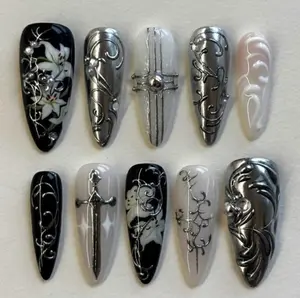 Handmade Gothic Lily Sword Press On Nails | Silver Baroque Metal Art & White Floral Details | Stiletto Nails For Elegant Dark Vibes