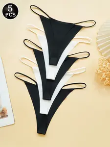 5/9 Pcs Low Waist Ice Silk Soft Comfy Sexy Thin Strap Invisible Sports Women's Thong Panties Underwear, Slim-Fitting Plain Design, All Seasons Comfortable, Low Rise Panties